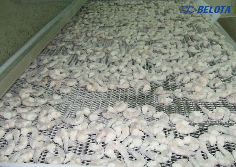 Băng chuyền cấp đông IQF sử dụng lưới inox kết hợp rung và luồng khí mạnh từ dưới lên