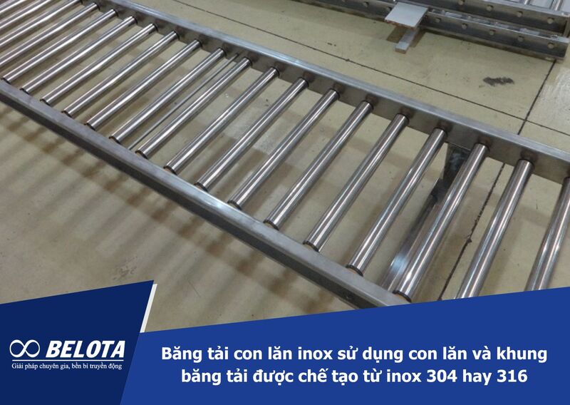 Băng tải con lăn inox sử dụng con lăn và khung băng tải được chế tạo từ inox 304 hay 316