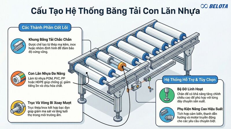 Băng tải con lăn nhựa được thiết kế từ các bộ phận đơn giản