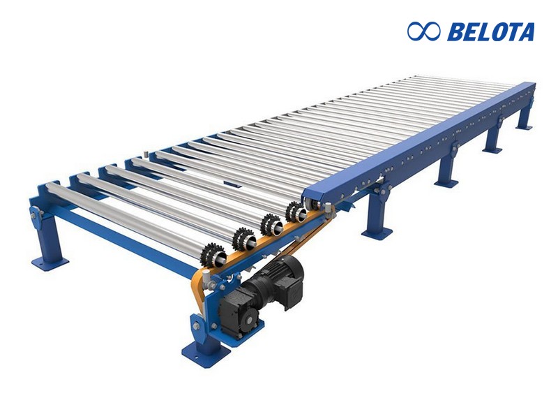 Băng tải con lăn xích có khung thép chắc chắn, phù hợp cho pallet và thùng hàng nặng