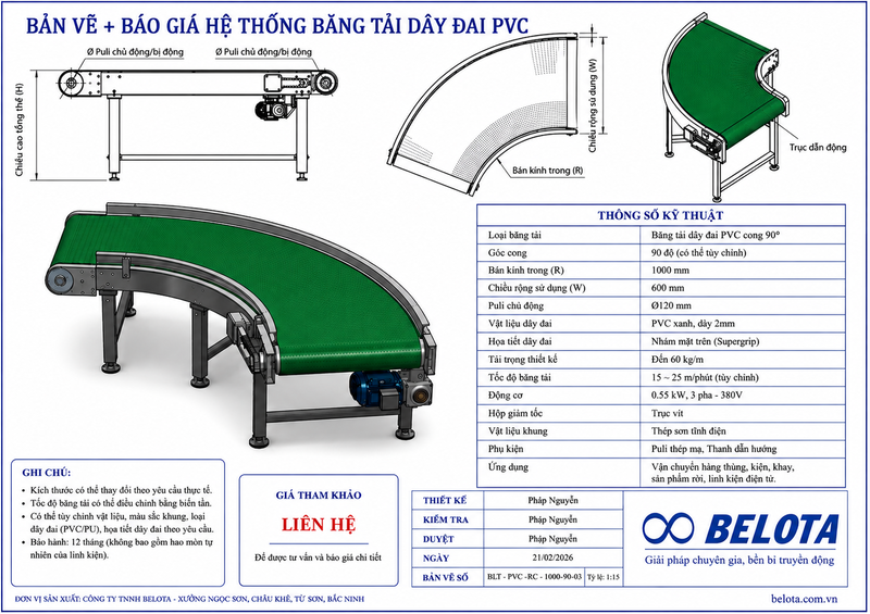 Báo giá hệ thống băng tải PVC chuyển hướng tải thành phẩm cho nhà máy bánh kẹo