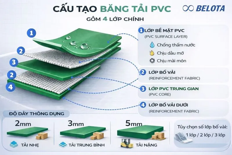 Cấu tạo băng tải PVC gồm nhiều lớp bố và lớp phủ PVC trên dưới