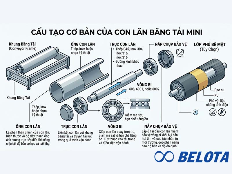Cấu tạo chính của băng tải con lăn mini