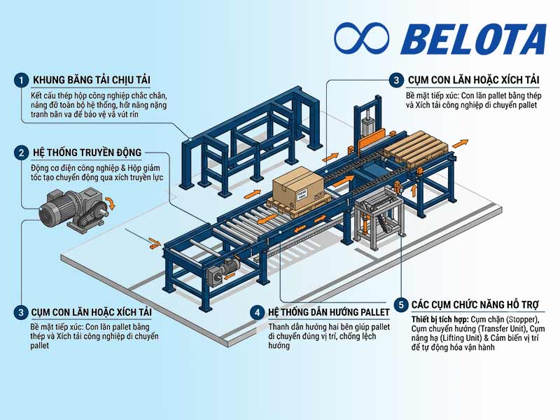 Cấu tạo chính của hệ thống băng tải pallet