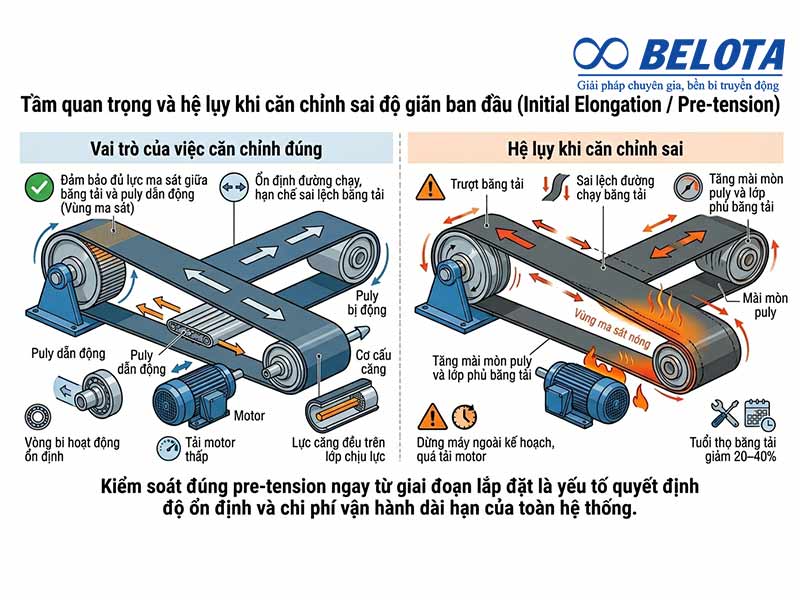 Độ căng ban đầu là mức kéo giãn có kiểm soát được tạo ra trên băng tải trước khi vận hành