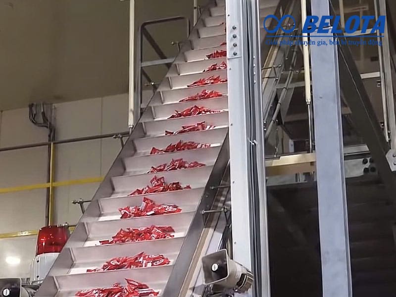 Hệ thống băng tải nghiêng vận chuyển bánh ngọt