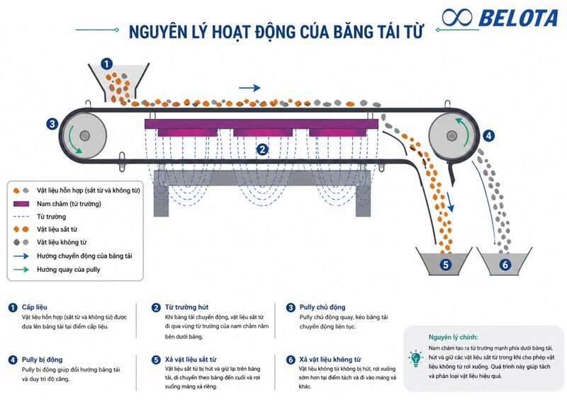 Nguyên lý hoạt động của băng tải từ