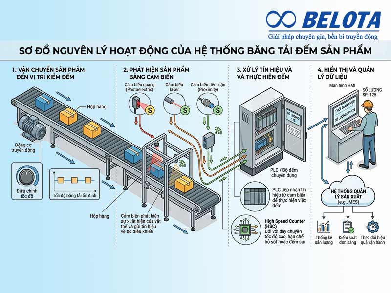 Nguyên lý hoạt động của hệ thống băng tải đếm sản phẩm
