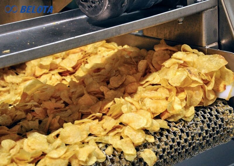 Phôi snack được đưa vào hệ thống chiên sử dụng băng tải lưới inox chịu nhiệt để làm chín