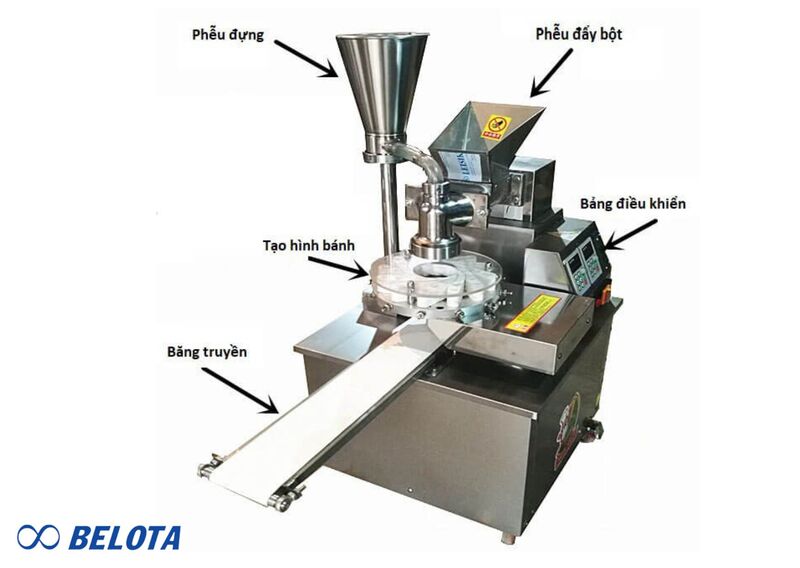 Sau khi chuẩn bị xong bột và nhân, bánh sẽ được đưa vào máy tạo hình bánh bao tự động