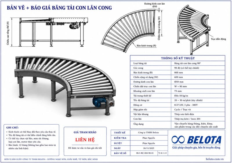 Thiết kế và báo giá băng tải con lăn cong 90 độ tại Belota