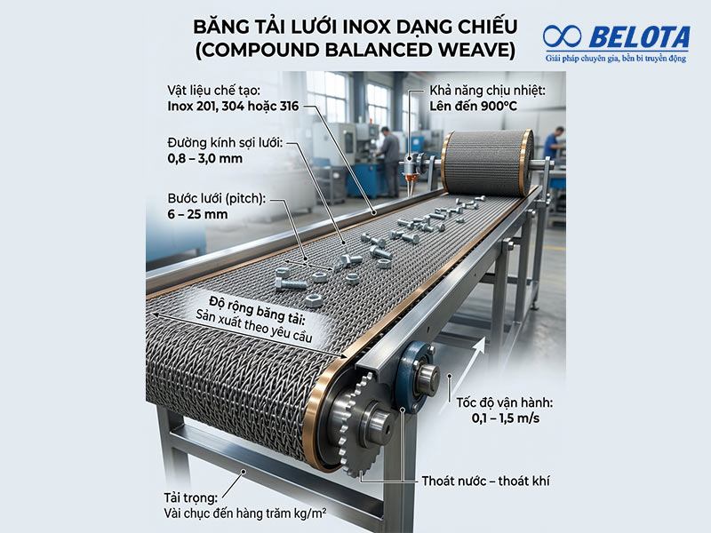 Thông số kĩ thuật băng tải lưới Inox dạng chiếu